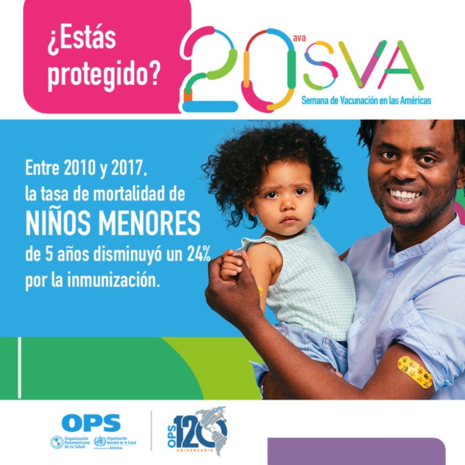 OPS-OMS_AMÉRICAS Semana de Vacunación en las Américas 2022, con el lema: Estás protegido? Ponte todas tus vacunas. Entre 2010 y 2017, la tasa de mortalidad de niños menores de 5 años disminuyó un 24% por la inmunización.