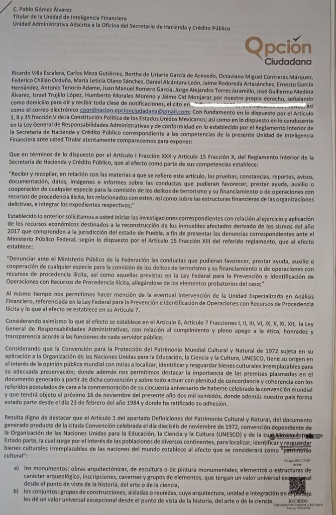 Colectivo Opción Ciudadana Puebla solicitud a la UIF