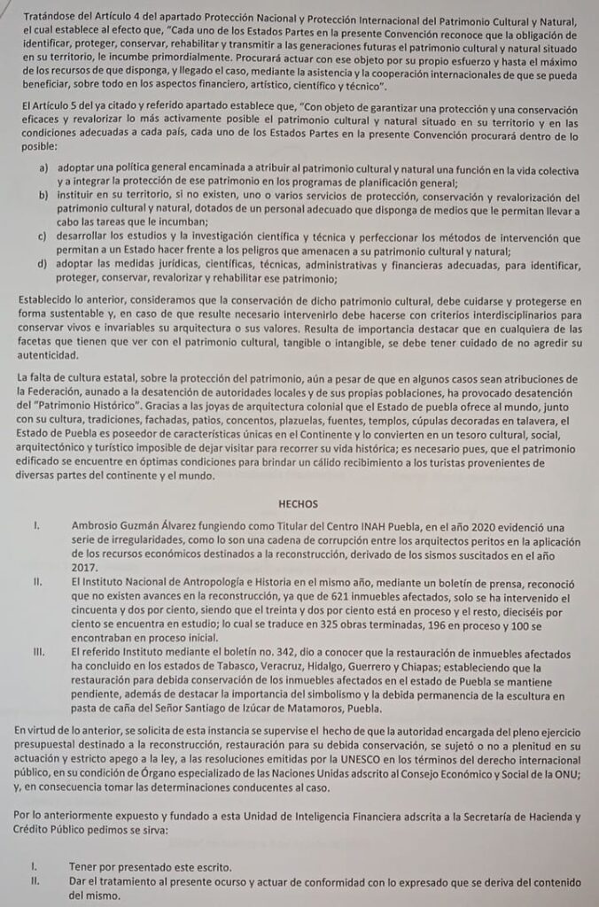 Colectivo Opción Ciudadana Puebla solicitud a la UIF