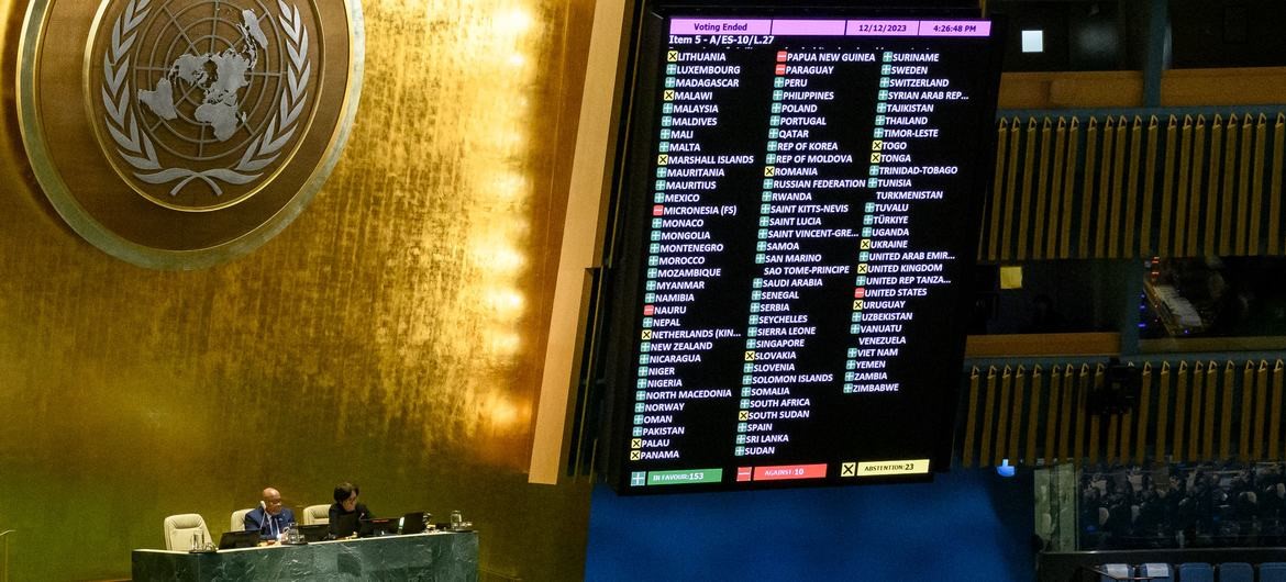 La Asamblea General de la ONU aprueba una resolución pidiendo un alto el fuego humanitario inmediato en Gaza
