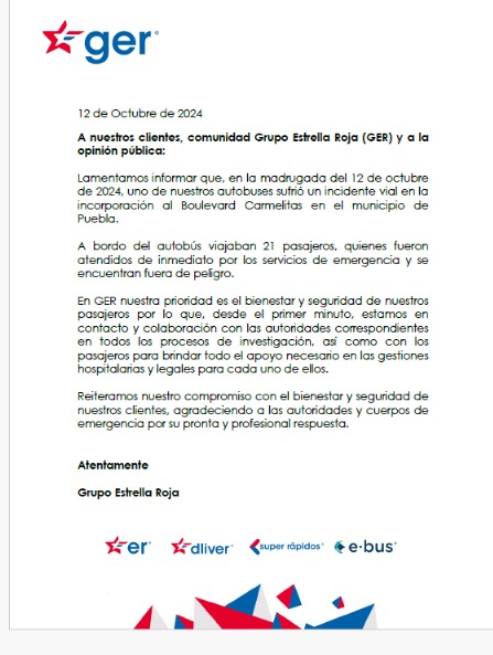 Grupo Estrella Roja lamenta el accidente donde viajaban 21 pasajeros
