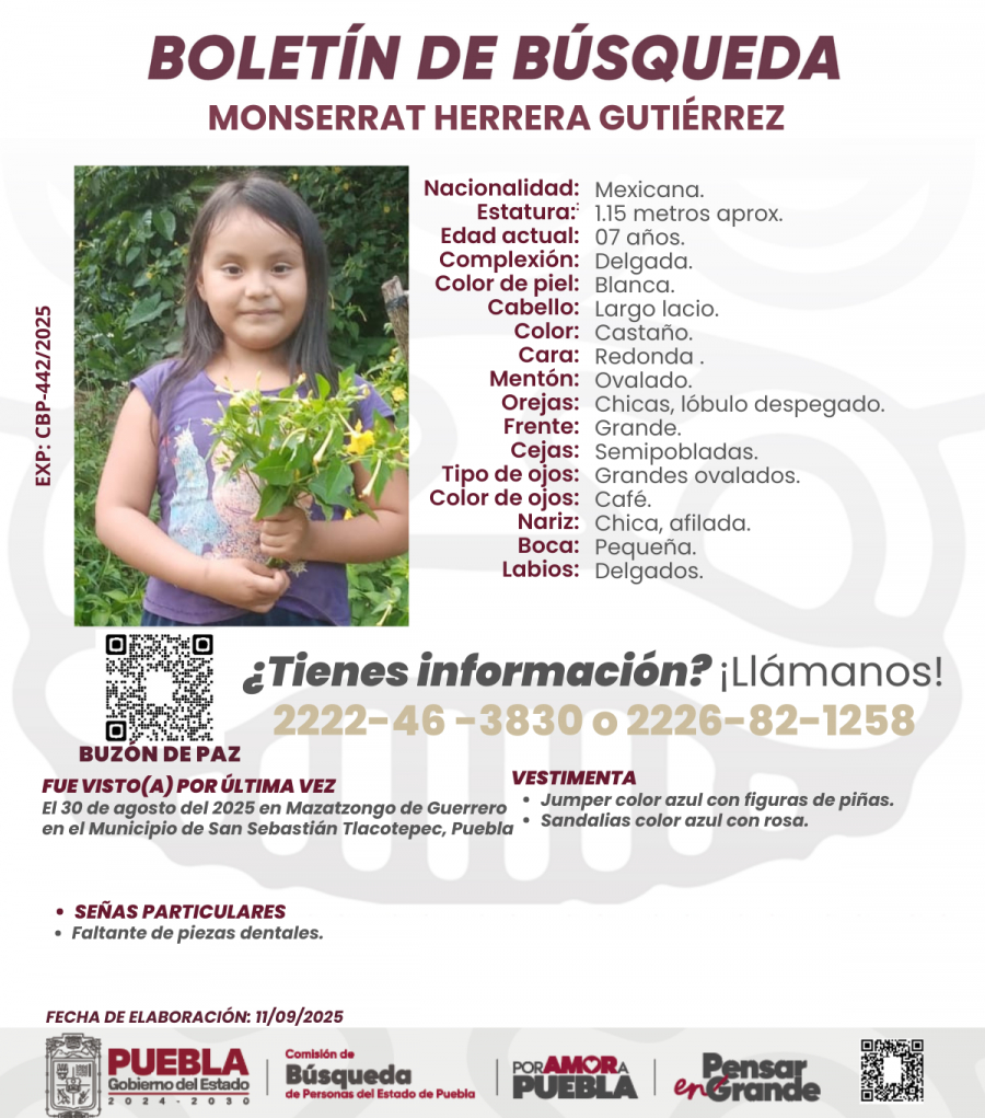 Comisión de Búsqueda de Puebla mantiene operativo para localizar a Monserrat Herrera Gutiérrez