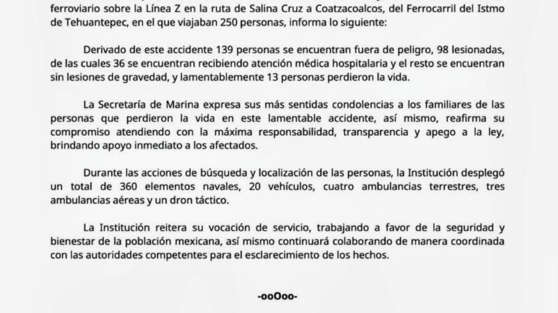 Tras el accidente del Tren Interoceánico se reportan 13 personas fallecidas
