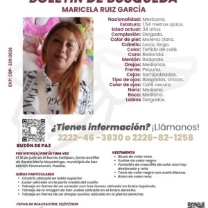 Puebla dará seguimiento a búsqueda de Marisela Ruíz