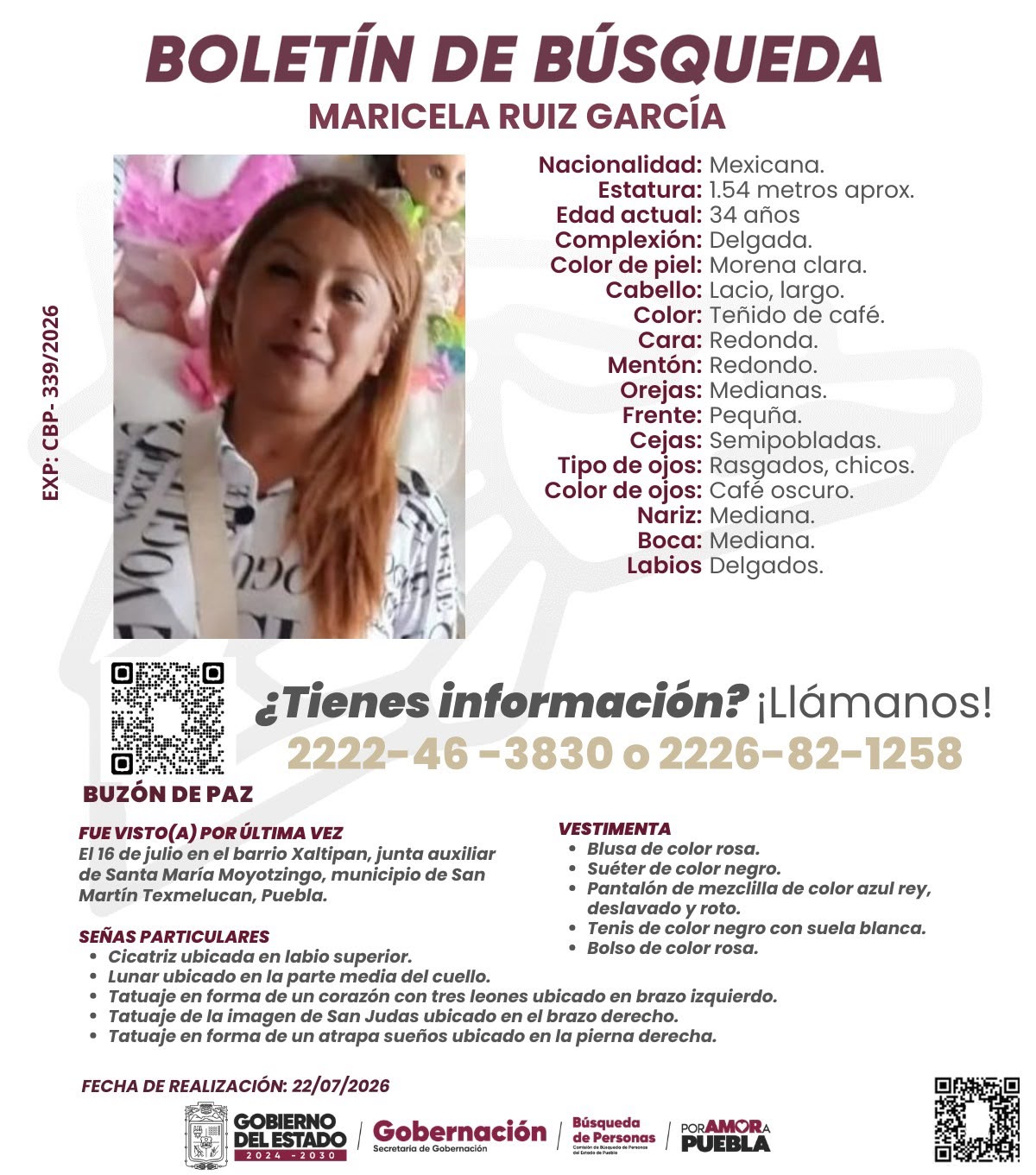 Puebla dará seguimiento a búsqueda de Marisela Ruíz
