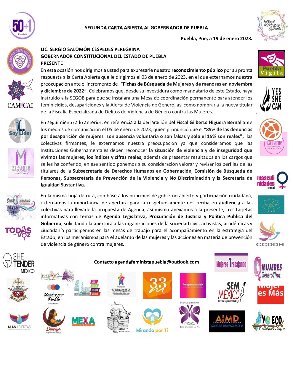 Colectivas Feministas mandan segunda Carta Abierta al Gobernador Sergio Salomón, sobre la Agenda de Género en Puebla