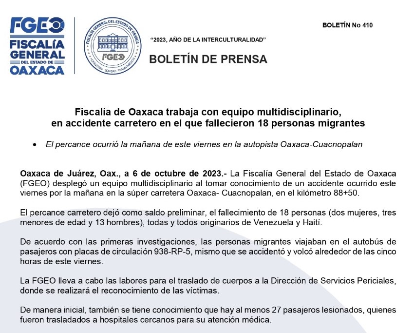 Lamenta Sergio Salomón fallecimiento de 18 migrantes y 27 lesionados en carretera Cuacnopalan- Oaxaca