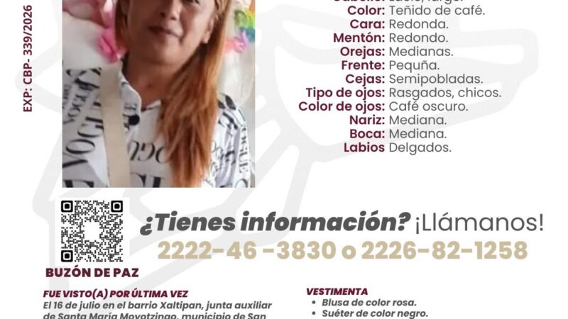 Puebla dará seguimiento a búsqueda de Marisela Ruíz