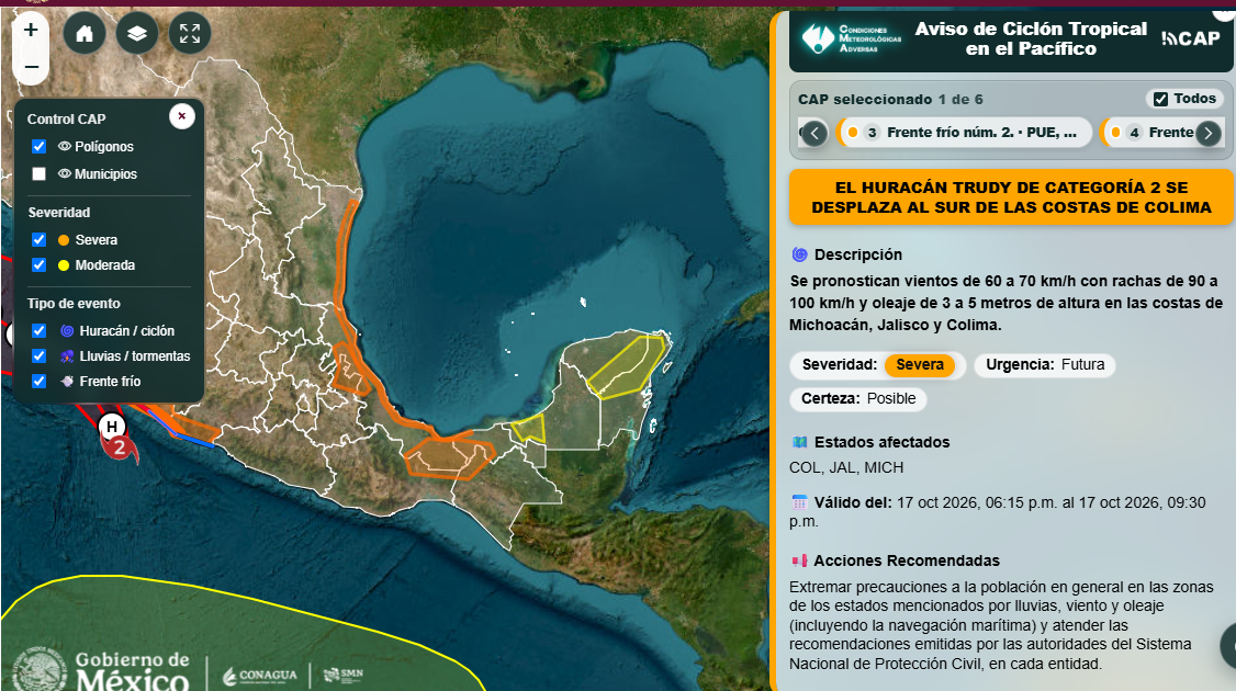 Huracán 🌀 Trudy de categoría 2 se desplaza al sur de las costas de Colima